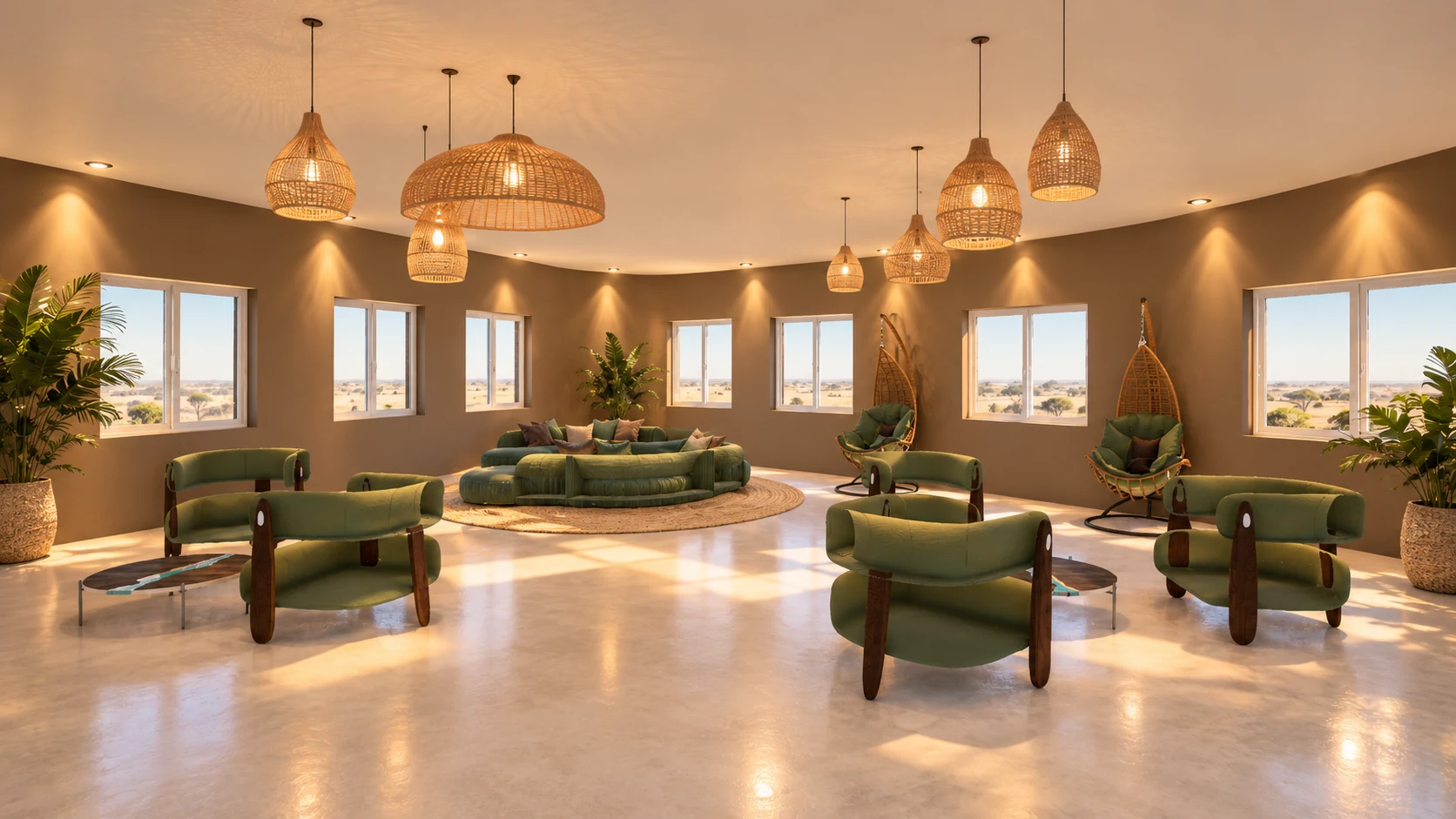 Lapalala lounge with circular green seating and woven pendant lights