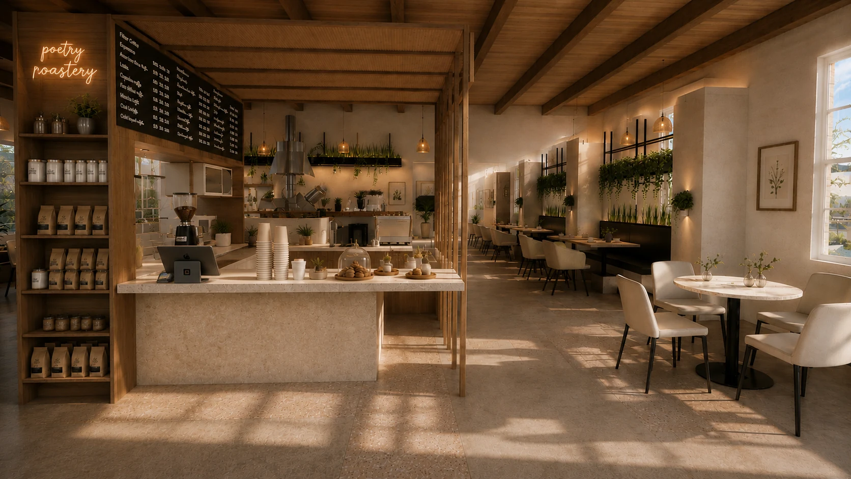 Poetry Coffee café with timber ceiling, coffee bar and sunlit seating